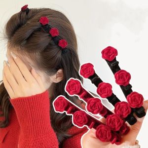 🔥Red Flocking Braided Hair Clip Camellia Hair Clip Fashionable Bangs Clip Creative Women LovelylifeFu👍