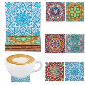 Bộ Tranh Kim Cương Tự Làm - Mẫu Hoa Mandala Đế Lót Ly Hình Dạng Đặc Biệt Với Khảm Pha Lê Tròn Phong Cách Hiện Đại Chất Liệu Gỗ