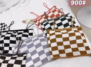 OOTD Womens small camisole inner wear with breast pads checkerboard plaid bottoming tube top underwear for women