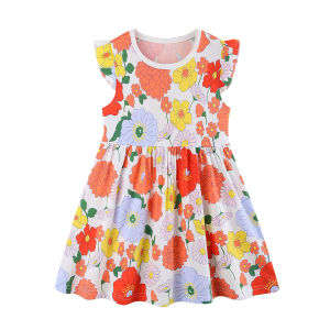 Summer Floral Print Girls Dress 2-7T Toddler Clothing with Fly Sleeves Lovely Kids Frocks New Style Childrens Wear