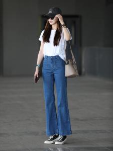 Quần Jeans Denim Ống Thẳng Cạp Cao Màu Xanh Cổ Điển Cho Nữ Mùa Hè Quần Ống Rộng Ôm Dáng Chín Phần Quần Dài Thường Ngày