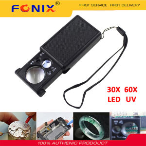 FONIX แว่นขยายส่องเครื่องประดับพับเก็บได้แว่นขยาย60X 30X 3 In 1ห่วงแว่นขยายสำหรับคนทำเครื่องประดับกล้องจุลทรรศน์แว่นขยายเลนส์ลูปออฟติกพร้อมไฟ UV