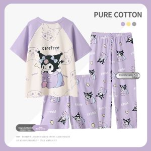 miiow | Pure Cotton Summer Childrens Sleepwear Set For Girls Cat Person Home Air Conditioning Clothes Three-piece Suit Cartoon Cute Style