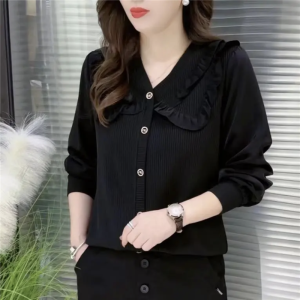 Elegant V-Neck Long Sleeve Shirt Womens Slimming Top Trendy Anti-Aging Design Large Size Autumn Commute Pure Color Businesswear