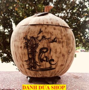 TẶNG ẤM TRÀ  -  Có Video -  Bình giữ nhiệt  Bộ giữ ấm trà bằng trái dừa khắc Lazer có đế - mỹ nghệ dừa Bến Tre - Danh Dừa Shop