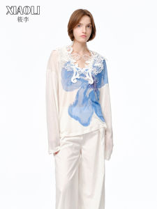 Stylish Versatile Blue Flower Print Wool Blend Knit Blouse