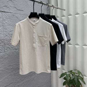 Lightweight Breathable Cotton Linen Blend Short Sleeve Casual Shirt Artistic Henry Collar Top for Men Summer Fashion Urban Style