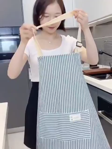 Women Cotton Linen Striped Apron Fashionable Adjustable Kitchen Coffee Shop Garden Work Uniform