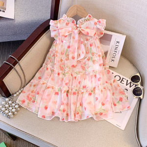 Melario | Summer New Pink Sweet and Cute Princess Dress for Girls Aged 2-7 Birthday Party Flower Printed Lace Bow Clothes