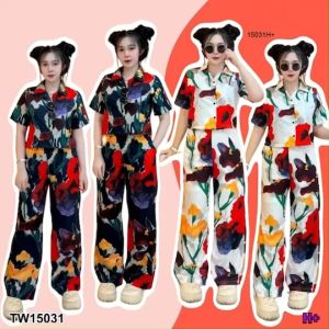 P15031 Set 2 ชิ้น เสื้อเชิ้ตลายดอกไม้ + กางเกงขายาวเข้าเซต เสื้อครอป เสื้อลายดอก