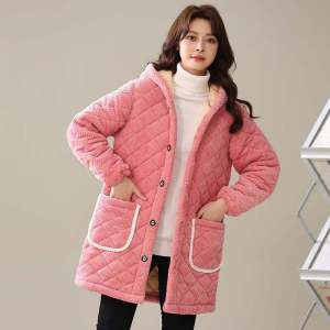Thickened Fleece Warm Fashionable Coat Medium-Length Womens Cotton Jacket Home Clothes Flannel Winter Wear Long Sleeve Hooded