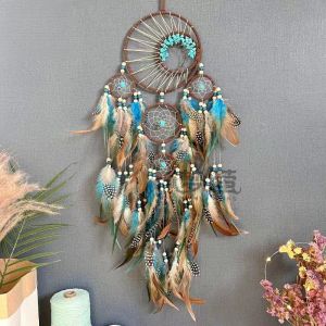 Elegant Turquoise Tree of Life Dreamcatcher Colored Feathers