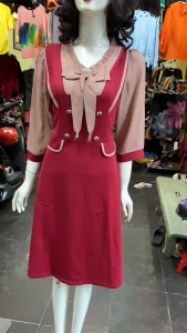 Đầm suông nữ thiết kế thanh lịch thắt nơ cổ tim