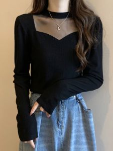 plus Size Fleece Lined Hollow out Long Sleeve Womens T-Shirt Korean Style Slim Fit Base Shirt for Autumn Winter plus Size