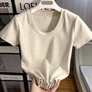 Pure Cotton U-Neck Short Sleeve Base Tee Womens Inner Wear Solid Long Sleeve Versatile Slim Fit Top Summer New Style