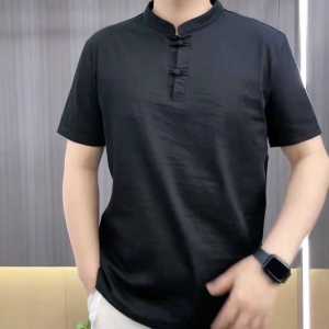 Summer New Chinese Style Mens Short Sleeve Shirt Casual Pure Color Button Stand Collar T-Shirt Thin Ancient Style Body Shirt