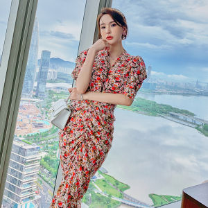 Váy Dài Tay Bồng Hoa Kiểu Pháp Màu Đỏ Cổ Chữ V Rút Dây Thon Gọn Thanh Lịch Mùa Hè Váy Công Sở Phong Cách Anh Váy Chữ a