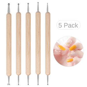 5pc Professional 2 Ways Nail Art Dotting Pen Wood Steel DIY Dotting Pens Rhinestones Gem Picker Manicure Tools