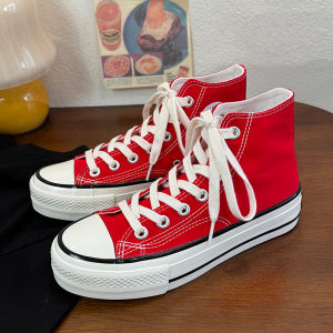 รองเท้าผ้าใบพื้นหนาสไตล์ย้อนยุคแบบลำลองสำหรับเด็กและเยาวชน ทรงหัวมน พื้นยาง รองเท้าผ้าใบผูกเชือกสีแดงสด