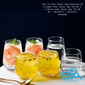 Combo 12 Ly Thuỷ Tinh Uống Nước Oval Gồm 6 Ly Oval Lùn 370 Ml ES7018-2 Và 3 Ly Oval Lỡ 390ML ES7018-1