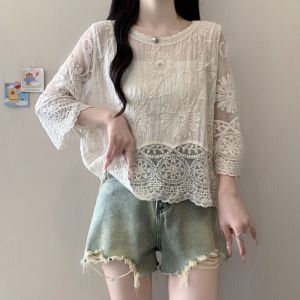 AIYITI | Lace and Embroidery 3/4 Sleeve Blouse Large Size Womens Shirt