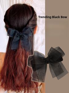 Black Mesh Hair Clip with Large Bow Headwear for Women Half Updo Hair Accessories Hairpin Back of Head Styling Hair Clip