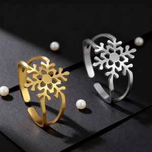 Winter Fashion Snowflake Ring Stainless Steel Adjustable Aesthetic Womens Ring Exquisite New Year Jewelry Couple Christmas Gift