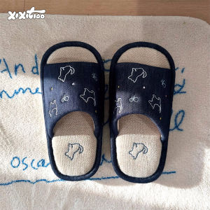 Breathable Cotton Linen Slippers Womens Sweat Absorbent Embroidered Dog INS Air Conditioned Room Floor Shoes Fashionable Spring Summer