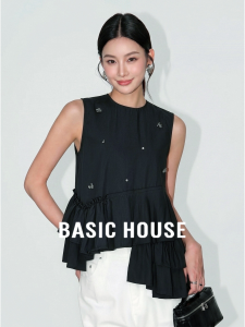 Basic House | Irregular Sleeveless French Black T-shirt
