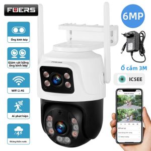Camera IP WiFi Ngoài Trời Không Dây FUERS 6MP Camera Kép Bảo Mật Gia Đình Video CCTV Onvif iCSEE Camera Giám Sát Màn Hình Kép