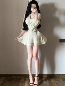 French Style Sweet V-Neck Polka Dot Waist-Cinching Short Skirt Korean Mini Dress Summer Season Slim Fit Dress City Commute