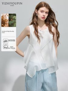 Linen and Lyocell Sleeveless Ruffled Hem Irregular Bottom Draping Fairy Versatile Shirt