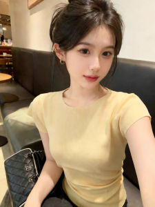 HUOLISI | Summer Light Yellow Round Neck Short Sleeve Knitted Women Slim Fit Soft Top