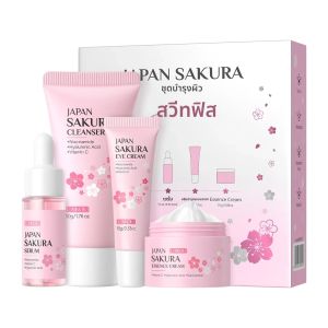ชุดผลิตภัณฑ์บำรุงผิวซากุระญี่ปุ่น 4 ชิ้น ช่วยเติมความชุ่มชื้น กระชับผิว ประกอบด้วย คลีนเซอร์ เซรั่ม เอสเซนส์ ครีมบำรุงรอบดวงตา ช่วยให้ผิวนุ่ม สะอาด สวย