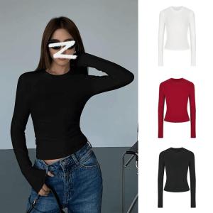 Ôm Vừa Vặn Nữ Áo Thun Dài Tay Cổ Tròn Áo Sơ Mi Cơ Sở Phong Cách Mỹ Vòng Eo Cinched Màu Đen Áo Dành Cho Thiết Bị Cần Thiết Đi Lại Mùa Thu