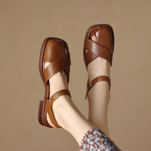 French Retro Brown Sandals for Women Summer Mid-High Heel Coarse Heel Soft Sole Vacuum Design Large Size 41-43
