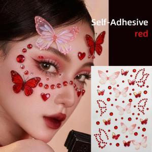 1Pc 3D Pink Butterfly Gem Face Tattoo Sticker Tulle Butterfly&Round Rhinestone Tattoos Self-Adhesive Decor for Makeup Body Decor