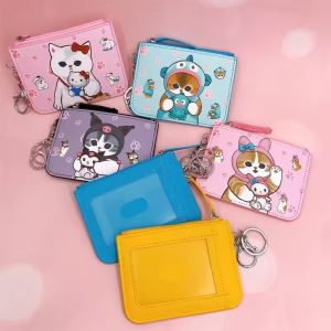 Kawaii Mofusand Leather Wallet Card Holder Cute Shark Cat Hello Kitty Kuromi Cinnamoroll Purse Storage Bag Keychain Gifts
