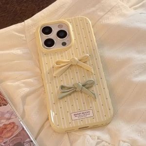 Korean Style Fresh Polka Dot Bowknot Phone Case for iPhone 17 16 Pro Max 15 14 13 12 Pro Max 3D Woven Yellow Green Orange Shockproof Soft Cover