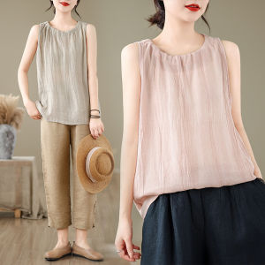 Textured Back Strap Texture Fold Pure Color Flax Small Vest Casual round Neck Sleeveless Top Womens Loose Fit Summer Shirt
