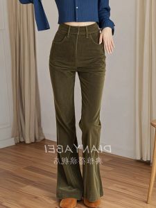 Fall Label Cut Discount New Arrival European Goods Retro Design Easiest for Match Slim Looking Elegant Dark Green Corduroy Bootcut Trousers