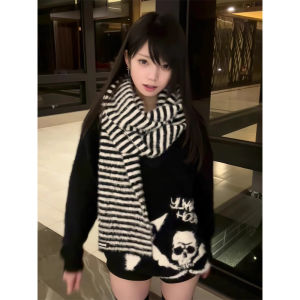 Black Abi Skeleton Horse Hair V-neck Sweater Womens Autumn Winter Lazy Style Loose Casual Versatile Knitted Top Streetwear