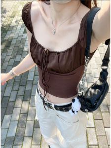 YUEZHONGWEI | Caramel Belted Square Collar Short Sleeve Womens T-Shirt Slim Fit Short Length Elegance Top Summer Design Korean Style Commute