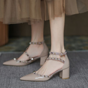 Versatile Summer Nail Head Pointed Toe mid Heel Thick Heel Real Leather High Heel Cross Fairy Shoes Sandals Women Fashionable