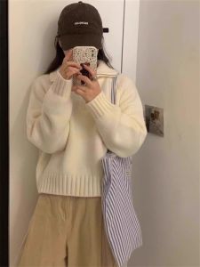 Loose Fit Half Zipper Collared Sweater Womens Autumn Winter New Korean Style Stand Collar Knitted Outerwear Casual Commute