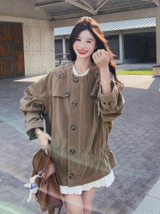 Fashionable Unique Brown Suede Womens Coat Korean Style Loose Fit Long Sleeve round Neck Single Button Closure Autumn New Arrival