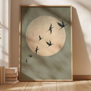 Sage Green Japandi Art Print - บทคัดย่อขนาดใหญ่ Sun และ Flying Birds Wall Art ผ้าใบ Frameless สําหรับห้องนั่งเล่นและตกแต่งห้องนอน