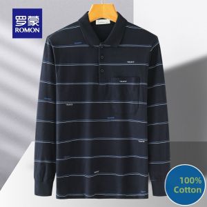ROMON | Pure Cotton Long Sleeve Polo Shirt with Stripes and Turn-down Collar for Middle-aged Men