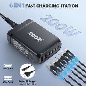 200W GaN USB C Charger Station for Cellphones 6 Ports high power Multi-Port Fast Charging for iphone for MacBook LED indicator
