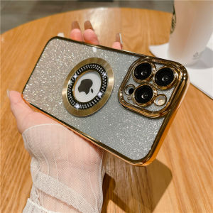 FLOVEME Gradient Glitter Diamond Logo Hole Wireless Charging Phone Case For iphone 14 13 12 11 Pro Max 14 Plus With Lens Film Protector All-inclusive Plating Clear Soft TPU Back Cover For iphone X XR XS Max